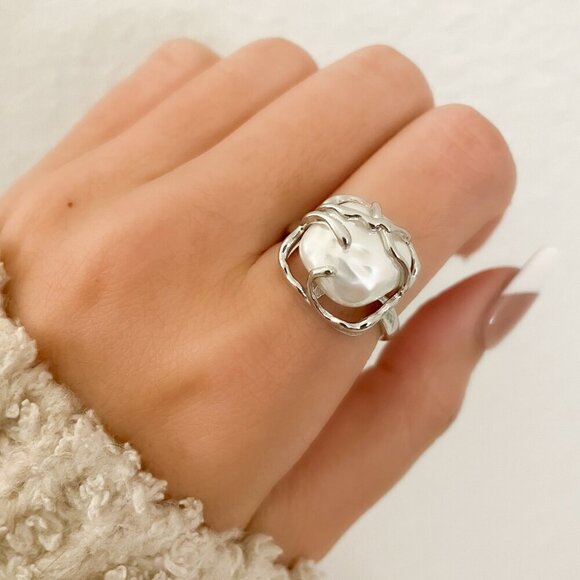 925 Sterling Silver Chunky Ring Square Boho Silver Statement Ring Unique Ring - Picture 2 of 8